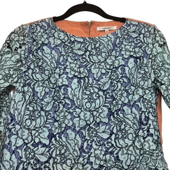 Carven Lace Long Sleeve Top Size 34 US 2 Blue Teal Overlay Peach Lining Back Zip - Picture 2 of 9